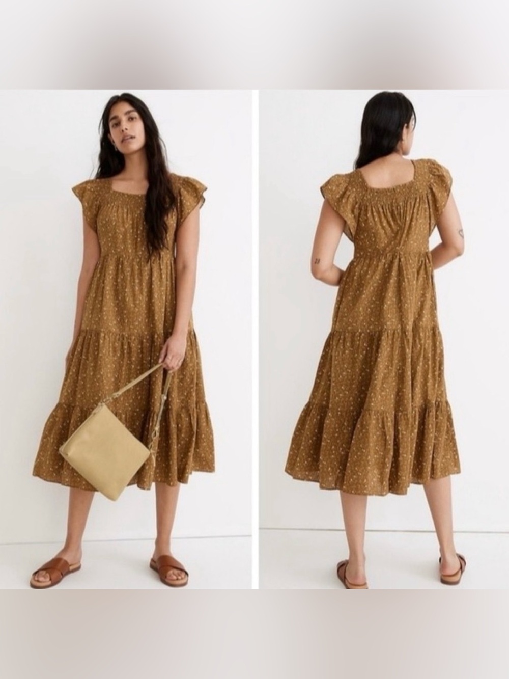 Madewell‎ Ruffle-Sleeve Tiered Midi Dress in Daisy Stitch, Size M